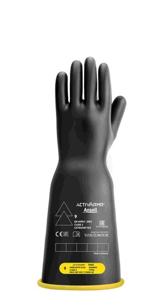 Representative image for insulating gloves: black rubber glove with yellow cuff trim.