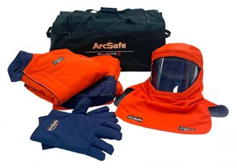 Representative image for ARCSAFE apparel and kits: orange hood, clothing, blue gloves and black carry bag.