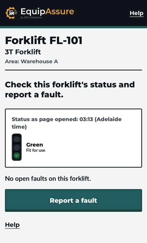 EquipAssure page showing a standard forklift marked green and fit for use, with no open faults and a Report a fault button.